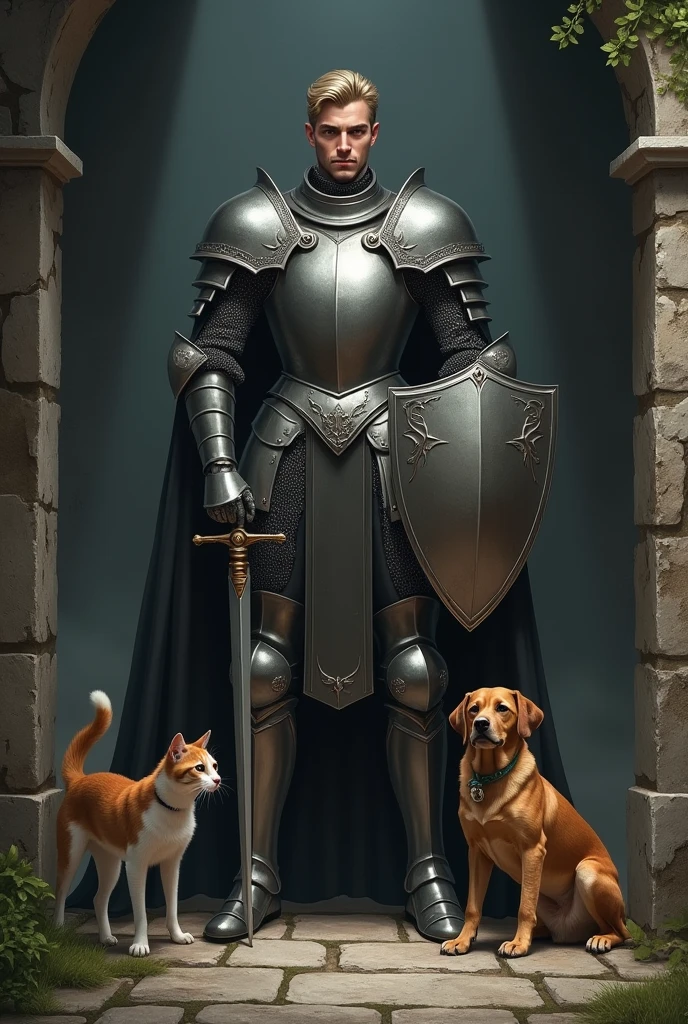 Knight with sword and shield protects stray dog and cat