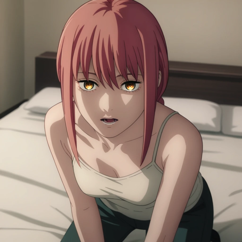 source_anime,
Makima, long hair,  Braided Ponytail ,red hair, detailed gold eyes, hair between eyes,(( perfect eyes )), Perfect face, expressive eyes, close up face,
((undress camisole)),,pants,
indoors, bed, realistic bed room, kneeling, 
cowboy shot, looking at viewer, solo, dutch angle, medium breast, open mouth,