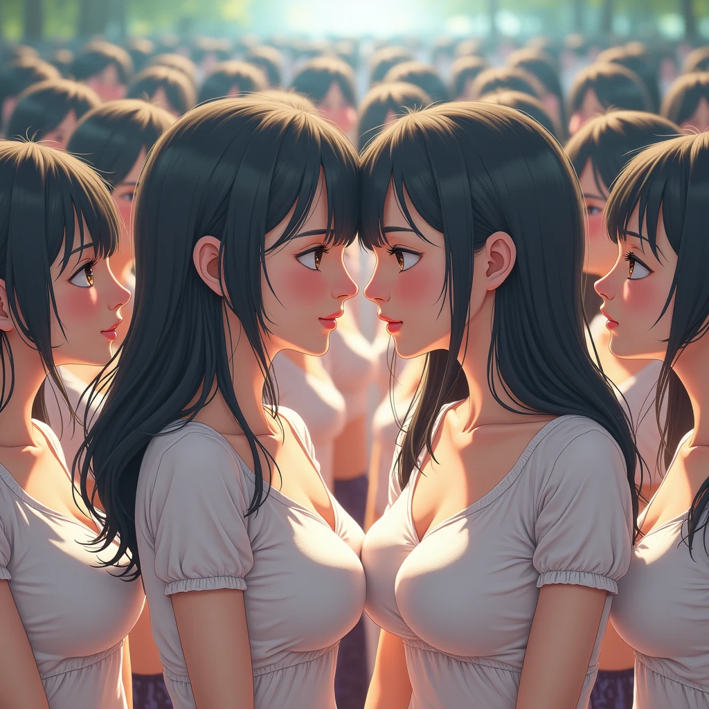(Japanese Clone-girls=Myself), (Super Best masterpiece Clone-girls Raw Photography Art), (16K, Highest quality, Ultra-high resolution, RAW Photos), (It's so unrealistic., With unparalleled depiction, With an unfathomable sight, An unprecedented and shocking worldview, Clone-girls: In a world of mass reproduction, Ultra-realistic), (Japanese Girls, Sasaki Nozomi, 26yo, Small face, Thick black hair, long hair, Dark Eyes, Mature face, Cute Smile, Smiling face, A gentle gaze, Very pleasant look), (Very beautiful detailed girls, Accurate body structure, Accurate body movements, Very detailed body, (Super big breasts, Large bulge of ample breasts)), (Summer casual clothes, Short sleeve, mini skirt, hour々I can see your pants, Cleavage Emphasis, Emphasise the fullness of your breasts), (Very detailed, Myself cloning, Depiction of splitting oneself, 1Myself girl→1,000,000,000,000,000,000,000,000,000,000Myself cloning girls), (Very detailed and intricate, Myself clone-girlsから, Myself's body is multiplying, A perfectly matched depiction, (In the same female body,With the same face, With the same hairstyle, In the same clothes, At the same height, 同じSuper big breastsである)), (1,000,000,000,000,000,000,000,000,000,The number has increased to over 10,000.), (Myself girls only), (1,000,000,000,000,000,000,000,000,000,000,000,000,000,000,000,000,000,000,000,000,000,000Myself girls), (Very detailed描写で, Physical contact), (Very detailed depiction, Clear and accurate perspective depiction, Ultra-wide field of view, Focus on the average value of the image, Illuminated from the front by a soft, bright light), hug, kiss, Chest to Chest, Happy laughter