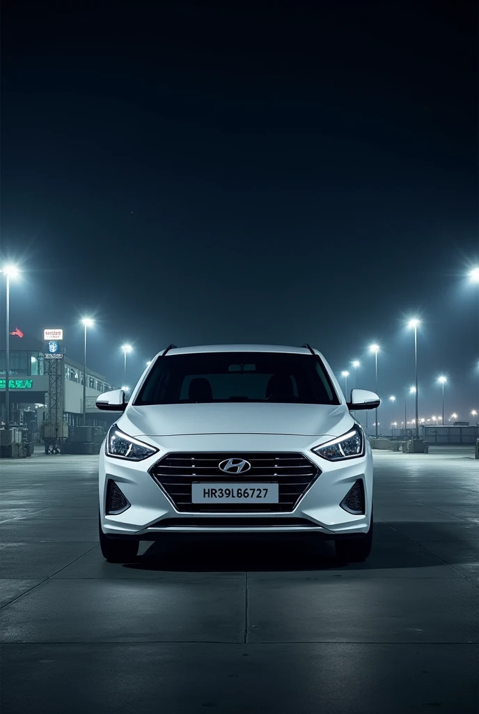 White Hyundai xcent vtvt car with number plate HR39D6727 at airport in night 