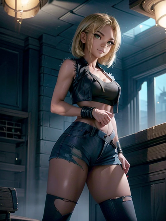 ((best qualityer)), ((upper details)), ((perfect lighting)), (18), beautiful girl, shining skin, blue colored eyes, short hair and blonde, torn garments, Ripped jeans, ripped black t-shirt, denim vest, ((whole body, fully body)), medium breasts, wide hip, legs thick, standing, Furiosa, battle pose, (front side view), ((great lighting)), cinematic, Wreckage scene