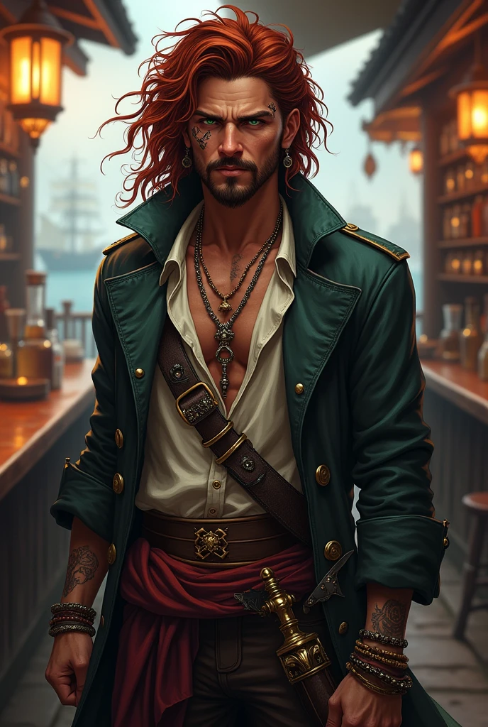 Generate the image of a pirate for a DnD campaign total body. A young male pirate around 20 years old with an arrogant expression. He has long dark red curly hair, with dark red mustache and goatee. His eyes are dark green and he has a scar on his left eye. He’s wearing a leather trench coat, under the coat a soft shirt open, he’s wearing a belt with a red band, on the side he had two sabers and two XVI century guns. He’s wearing many bracelets and necklaces, he has many tattoo. He’s at the pub drinking rum, in the background the harbor of Tortuga