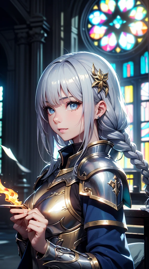 (Official Art、Highest quality、Unity 8k wallpaper、32K、masterpiece、Ultra-detailed、Ultra-high resolution、Realistic、Photorealistic:1.2)、(Cinema Lighting:1.2)、Fire Glow Effect、Film Grain、Best Shadow、Rim Light、Side light、Side Shot、(Highly detailed and intricate 3D rendering)、細部までBeautiful Faceと目、Sharp pupils、Realistic生徒、Slender、1men and women、Medium Bust、(whole body:1.2)、 Beautiful Face、1 beautiful girl、(Highly detailed skin、Detailed skin texture:1.3)、(Silver Blonde、Blue-silver hair:1.3)、Paladin、Long Hair、Blunt bangs、Grey Eyes、3 braids per bundle、(Blue Armor、Blue Boots、Blue Helmet、gem、Gold embroidery)、Slender、Maxi Skirt、(Thighs Thighs Thighs Thighs:0.8)、(cheese、in house、Artistic stained glass、Large Pipe Organ、cross、Hello Point、Mysterious、Particles of light、Solemn、Nikko is、colorful、Fantasy:1.2)、(Fantasy:1.3)、(With a silver sword:1.3)、(avert your eyes、Looking into the distance:1.3)、Fantasy、A kind smile、I opened my mouth a little、
