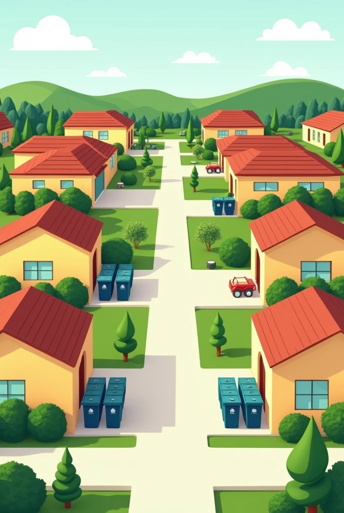 Healthy community with houses and trash bins. Make this very simple and easy to copy. Make it a simple drawing with color and one point perspective, add proper waste segregation and parks but no people.