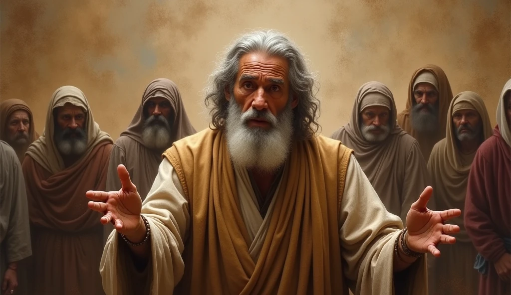 Jeremiah calls the Israelites to repentance, The cry of the prophet, papyrus,Weathered parchment,Old dresses,,Historical reference,High quality art and details,Realistic portrait style,Subtle color palette,vibrant background,natural textures,deep-shadows,subtle highlights,historical accuracy,meticulous attention to detail,Emotional depth and intensity,Authentic Representation,thought-provoking,spiritual atmosphere,A Sense of Ancient Wisdom,Deep Impact