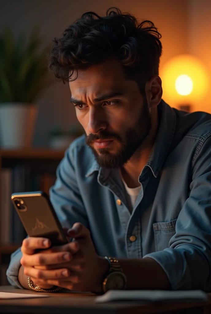 A person sitting at a desk, holding a smartphone, with a thoughtful expression on their face. The phone screen displays a cryptocurrency app with red downward-trending graphs. The person’s other hand hovers over the "buy" button, but they hesitate, symbolizing caution. The background could be a home office setting, with soft lighting that emphasizes the reflective mood.