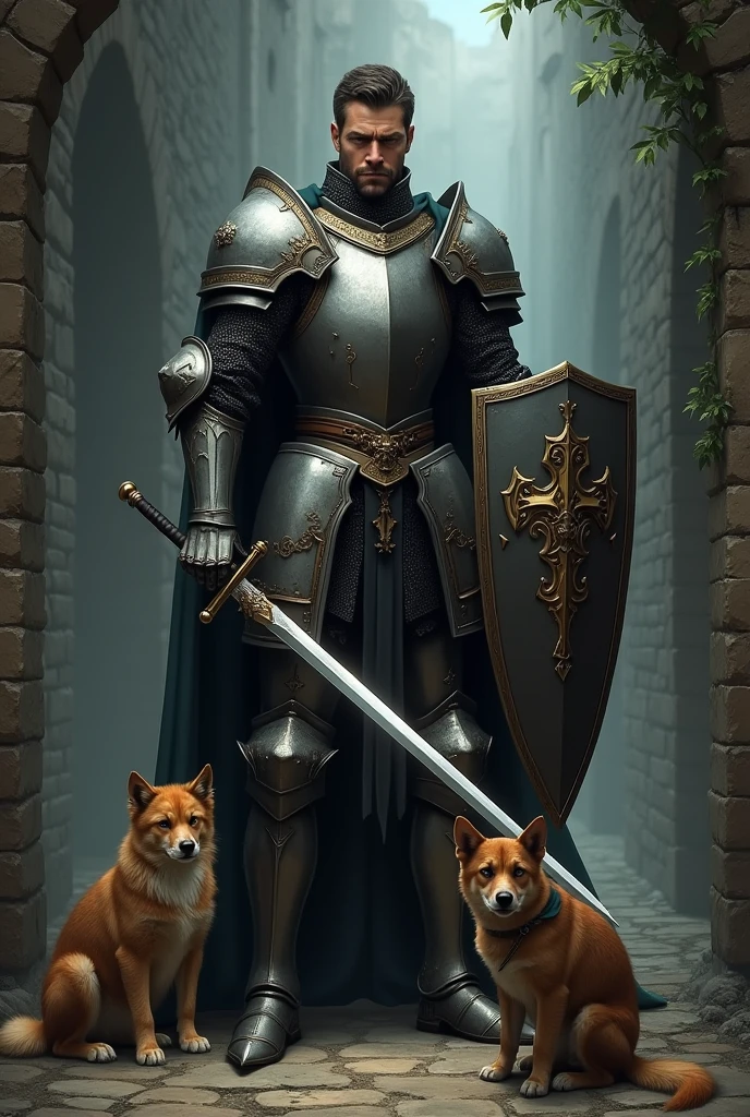 Knight with sword and shield protects stray dog and cat