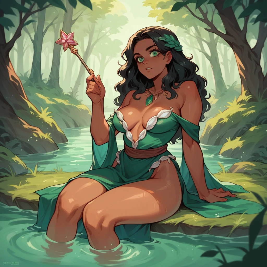 breasts, thighs, dark tan skin, long wavy black hair, green pale eyes, enchanted transparent siren outfit, curious seductive expression, sitting in water, holding wand, ancient water forest.