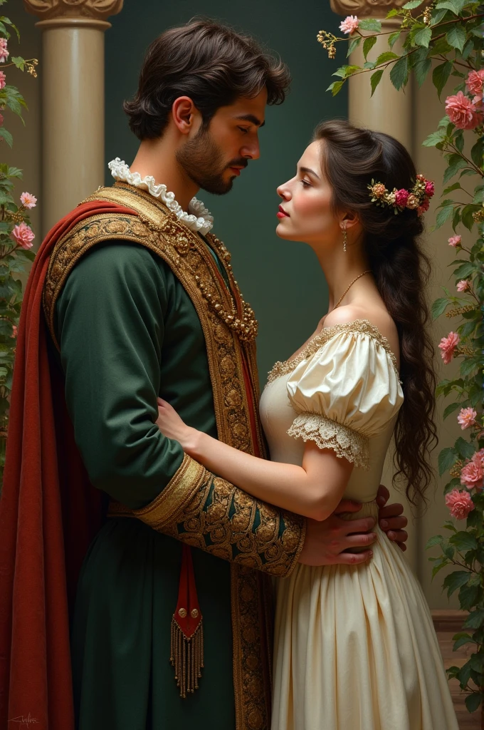 I need you to make me an image from the 1490s about a 2 son of a king and a 1 slave girl looking at each other with love.