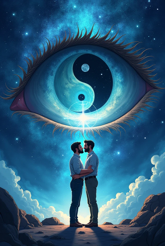Create me a good book cover like the background is a some sort of the universe and in between or in any part, there is a big mysterious eye, and inside that eye, there is the symbol Yin Yang , and create a two men below the eye show that they are really In love Make it fantasy vibes and make it simple but artistic , emphasize the yinyang on the eye. Make it more cartoonish and make the book cover like a beginner but have a experience on art