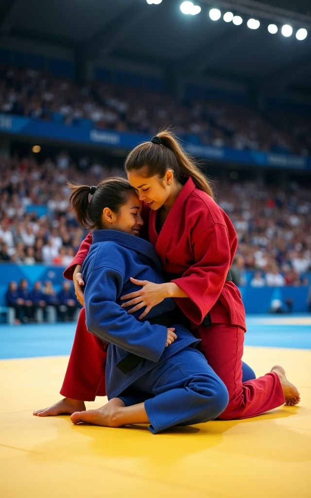 Ultra-high resolution，Women&#39;s judo at the Olympics，Two people competing on the same stage，A red judo uniform，A blue judo uniform，（ The one wearing the red judo uniform is an 1 Korean beauty，Super beautiful，Super fair skin）（The girl wearing the blue judo uniform is an American blonde） full-body shot，Panoramic vistas，Wide-angle lens，Olympic Judo，Olympic competition background，The Red Team and the Blue Team compete on the same stage，Fall，suppress，The blue team was pinned to the ground by the red team，Exaggerated actions，Large amplitude of action，Intense stimulation，be booked up，The venue was full of audience，enthusiasm，