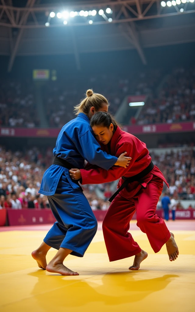 Ultra-high resolution,Women's judo at the Olympics,Two people competing on the same stage,A red judo uniform,A blue judo uniform,( The one wearing the red judo uniform is an 1 Korean beauty,Super beautiful,Super fair skin)(The girl wearing the blue judo uniform is an American blonde) full-body shot,Panoramic vistas,Wide-angle lens,Olympic Judo,Olympic competition background,The Red Team and the Blue Team compete on the same stage,Fall,suppress,The blue team was pinned to the ground by the red team,Exaggerated actions,Large amplitude of action,Intense stimulation,be booked up,The venue was full of audience,enthusiasm,