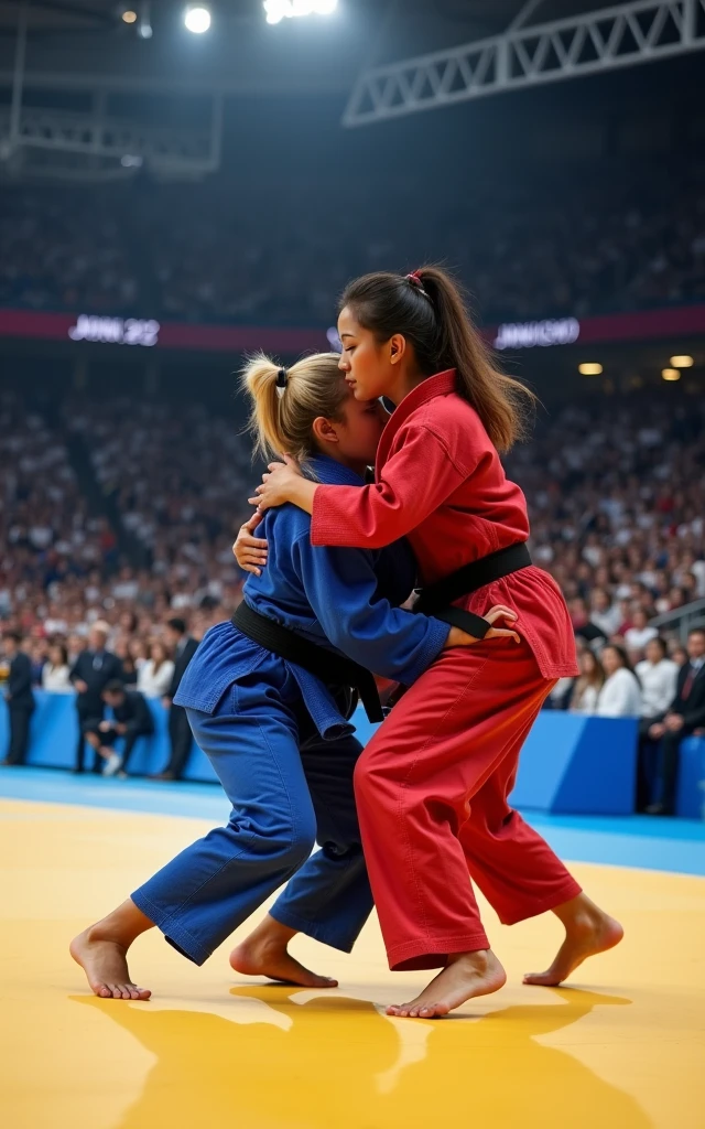 Ultra-high resolution，Women&#39;s judo at the Olympics，Two people competing on the same stage，A red judo uniform，A blue judo uniform，（ The one wearing the red judo uniform is an 1 Korean beauty，Super beautiful，Super fair skin）（The girl wearing the blue judo uniform is an American blonde） full-body shot，Panoramic vistas，Wide-angle lens，Olympic Judo，Olympic competition background，The Red Team and the Blue Team compete on the same stage，Fall，suppress，The blue team was pinned to the ground by the red team，Exaggerated actions，Large amplitude of action，Intense stimulation，be booked up，The venue was full of audience，enthusiasm，