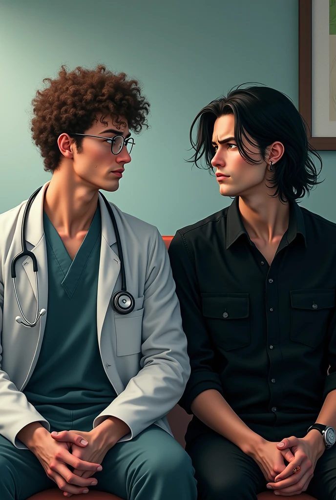 draw two guys sitting next to each other, in the left the guy is about 6'2 tall has eye glasses and has brown curly hair, he wears pre-med clothes with stethoscope and has green eyes looks like a nonchalant guy, the other guy beside him is about 6'0 wears black clothes has long black hair and freckles. looking at each other angrily