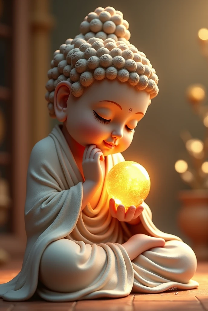 serene Buddha statue like a beautiful cute girl, holding a wish-fulfilling jewel, resting chin on hand, deep in contemplation, A pose where he is sitting with her right leg up and her hand on her face thinking about ways to help people, head tilt, beautiful feminine appearance, Realistic, detailed textures and colors that look like they're about to move at any moment, warm tone