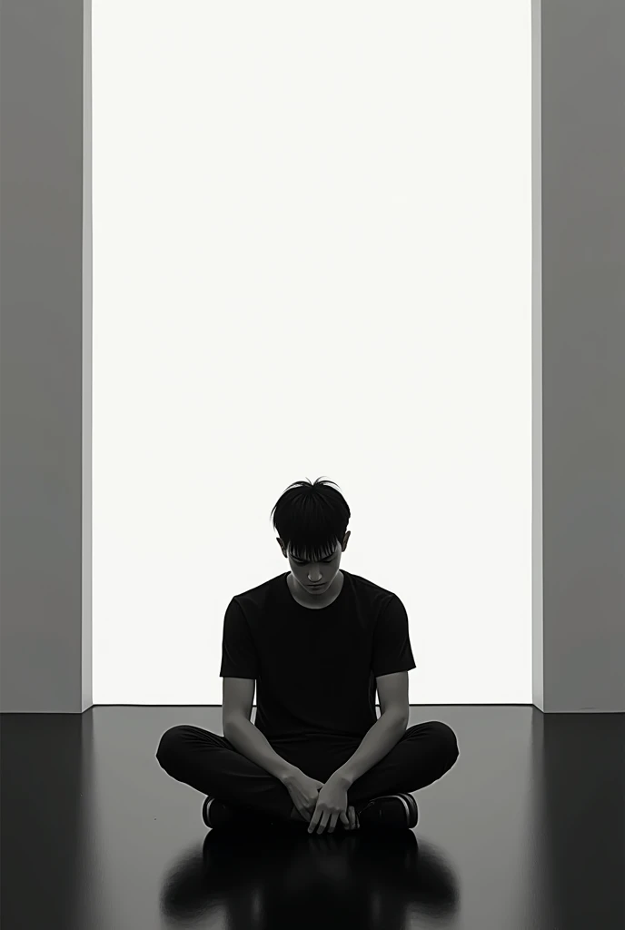 A young man, sit in a black and white room