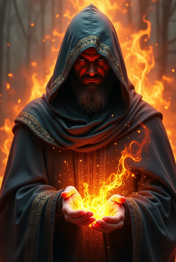 Portrait image of a powerful hooded wizard sorcerer with fire powers