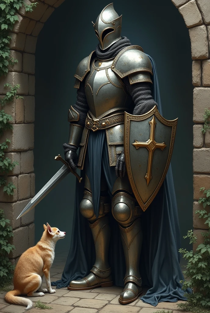 Knight with sword and shield protects stray dog and cat