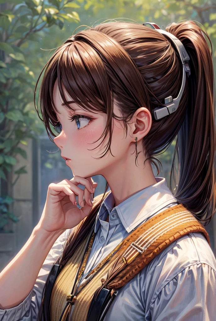 One person, solo, High resolution, Long Hair, Simple Background, Close your mouth, Impressionism, masterpiece, headphone、Listening to music、Brown Hair, ponytail, 