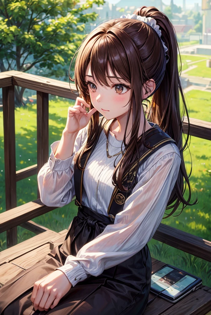 One person, solo, High resolution, Long Hair, Simple Background, Close your mouth, Impressionism, masterpiece, headphone、Listening to music、Brown Hair, ponytail,