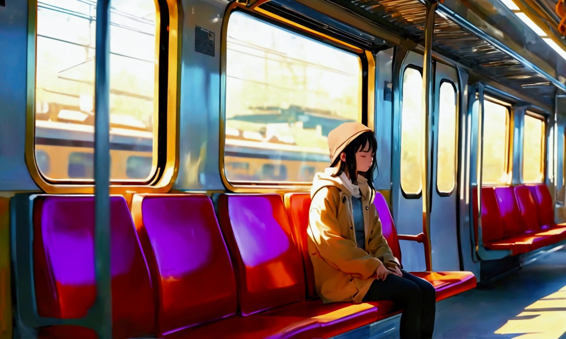 Tranquil scene of a young woman sitting on a train。She was wearing light casual clothes,Sit comfortably,Rest your head on your hand。She appears to be in a state of relaxation or contemplation。Sunlight streaming through the windows creates a warm and inviting atmosphere,casting a soft glow on the scene。The interior of the train is simple,Simple lines,Focus on functionality。No text in the image。The style of the image is realistic,With a little artistic interpretation,Emphasizes a calm and introspective mood。
