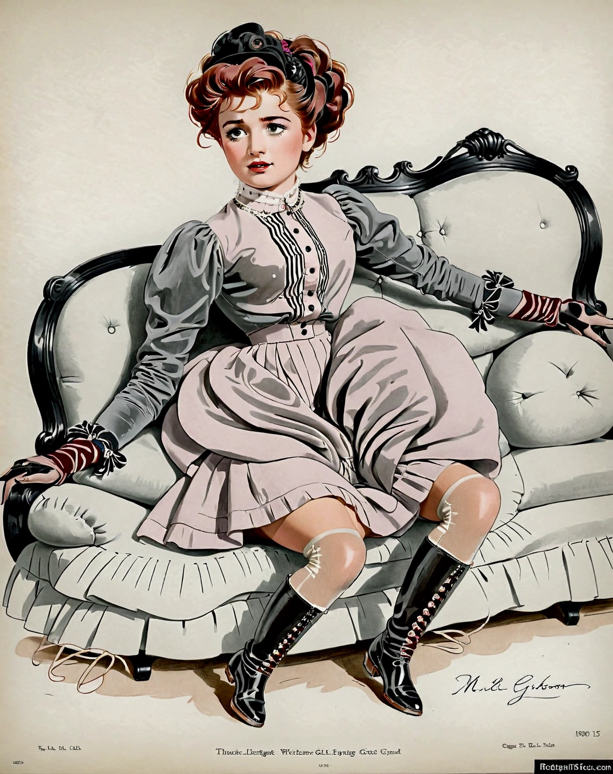 NSFW. Hot  teenage ginger Gibson Girl masturbating her vagina on a couch, fingering herself. 1900_dr3ss. High-collar long sleeve shirtwaist, full skirt, petticoats, silk stockings, boots. Updone hairdo. Orgasm 