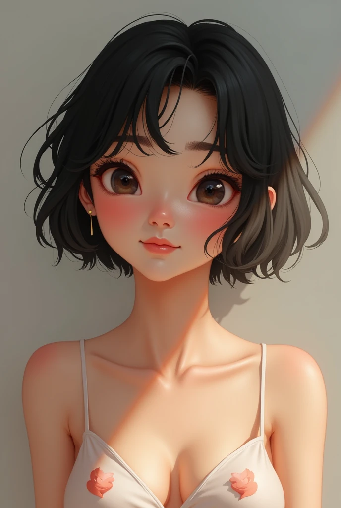 (Black short haircut)), adorable, 1 girl, (face to face), , , happy, half body portrait, (face details: 1), (eye details: 1), ((medium breasts)). (( completely naked ))