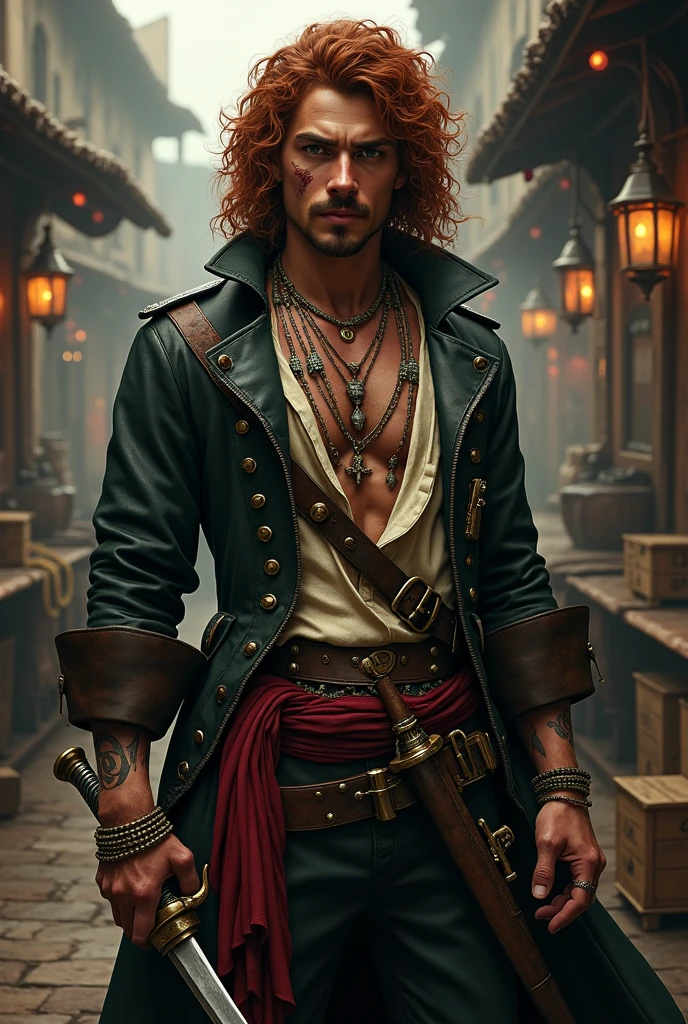 Generate the image of a pirate for a DnD campaign total body. A male pirate around 20 years old with an arrogant expression. He has long dark red curly hair, with dark red mustache and goatee. His eyes are dark green and he has a scar on his left eye. He’s wearing a leather trench coat, under the coat a soft shirt open, he’s wearing a belt with a red band, on the side he had two sabers and two XVI century guns. He’s wearing many bracelets and necklaces, he has many tattoo. He’s at the pub drinking rum, in the background the harbor of Tortuga