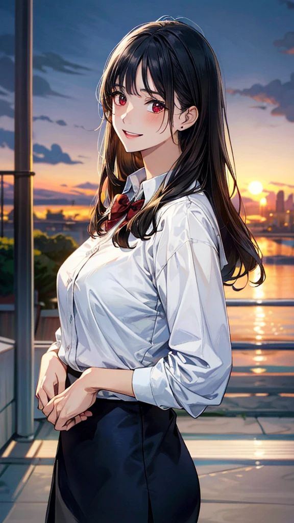 (masterpiece:1.2, Highest quality), (Realistic, photoRealistic:1.4), Beautiful illustrations, (Natural Side Lighting, Cinema Lighting),
View your viewers, (Extreme Close-up, From the side), 1 person, Japanese, student teacher, Perfect Face, (Perfect Anatomy), Cute and symmetrical face, Glowing Skin,
(Mid-length hair, Straight hair, Black Hair), Asymmetrical bangs, Dark red eyes, Long eyelashes, (Medium chest, Captivating thighs, Big Ass),
Beautiful Hair, Beautiful Face, Beautiful attention to detail, Beautiful clavicle, Beautiful body, Beautiful breasts, Beautiful thighs, Beautiful feet,
((Very detailed costume, White collared shirt, Navy tight skirt, Dark red bow tie)),
(Beautiful views), Depth of written boundary, evening, (Schoolyard), walk, Clenched hands, (smile, Open your mouth),