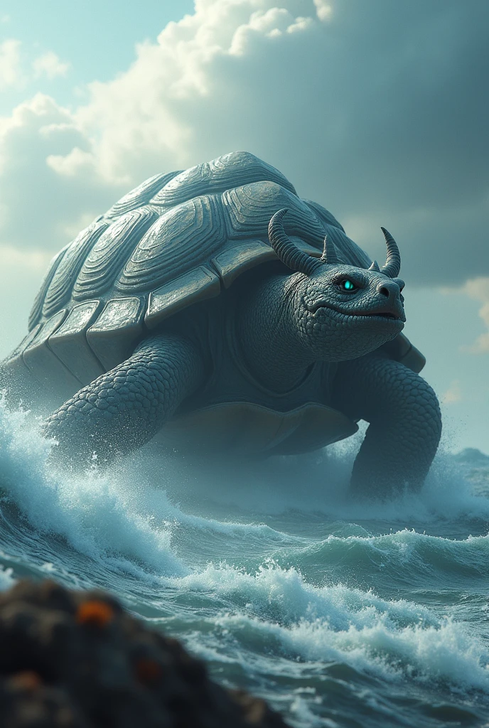 China-style,Chinese mythology,Dragon turtle,faucet,angled,Turtle body,Giant tortoiseshell shell,(Heavy tortoiseshell shell:1.4),The tail of the snake grows out,has horns on its head,cough,Ferocious,gargantuan,The eyes glow blue light,the sea,Huge waves,surrounded by cloud,The scene is,Full body like, highly detailed surreal vfx,oc rendered, - AR 16:9 --q 2 --s 1000