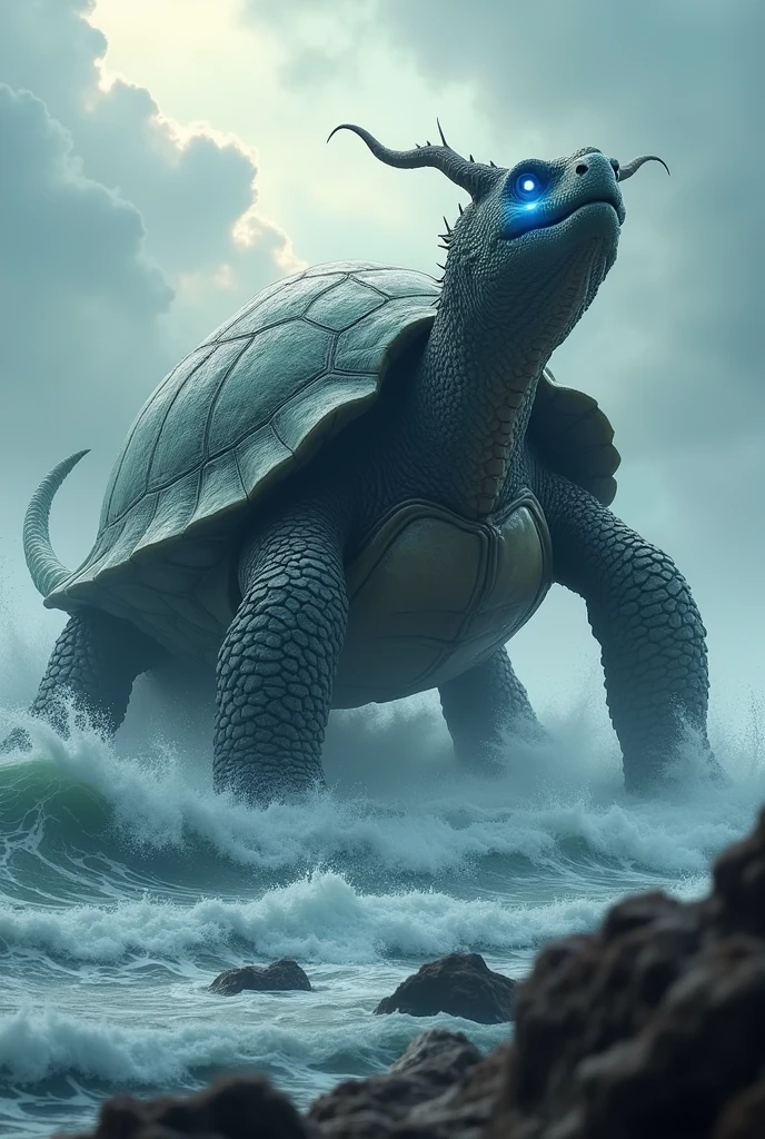 China-style，Chinese mythology，Dragon turtle，faucet，angled，Turtle body，Giant tortoiseshell shell，（Heavy tortoiseshell shell：1.4），The tail of the snake grows out，has horns on its head，cough，Ferocious，gargantuan，The eyes glow blue light，the sea，Huge waves，surrounded by cloud，The scene is，Full body like， highly detailed surreal vfx，oc rendered， - AR 16:9 --q 2 --s 1000