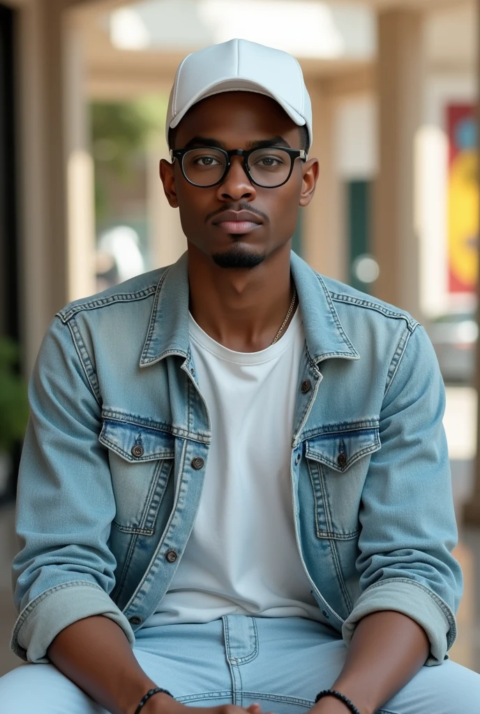 best qualityer:1.4), (ultra high resolution:1.2), (photorrealistic:1.4), (8k, CRU photo:1.2), a thin young man of 20 years old, skin black, with a smooth, beardless face, corte de cabelo buzzcut. He is wearing a white shirt and light jeans.. He is wearing a light denim jacket. is wearing a white cap. He is sitting at a mall table. thin build. 1,75cm tall. It's sunny. thin build. is looking at the camera. 1,75 cm tall. thin build. He is wearing black prescription glasses.. has a goatee
