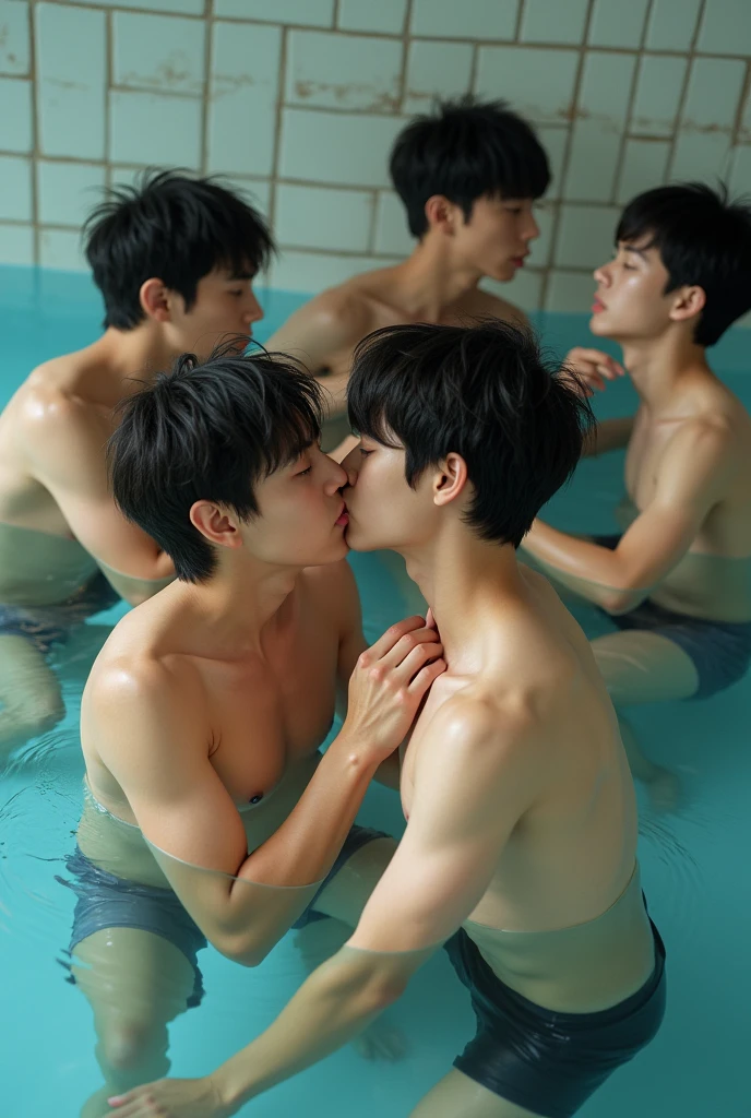 Photo Quality、A lot of cute handsome men、Mash Hair、Japanese male, 、Completely naked、Full nudity、erection、Huge penis、Highest quality、Realistic、beautiful、Playing in the school pool、Completely naked、Blowjob