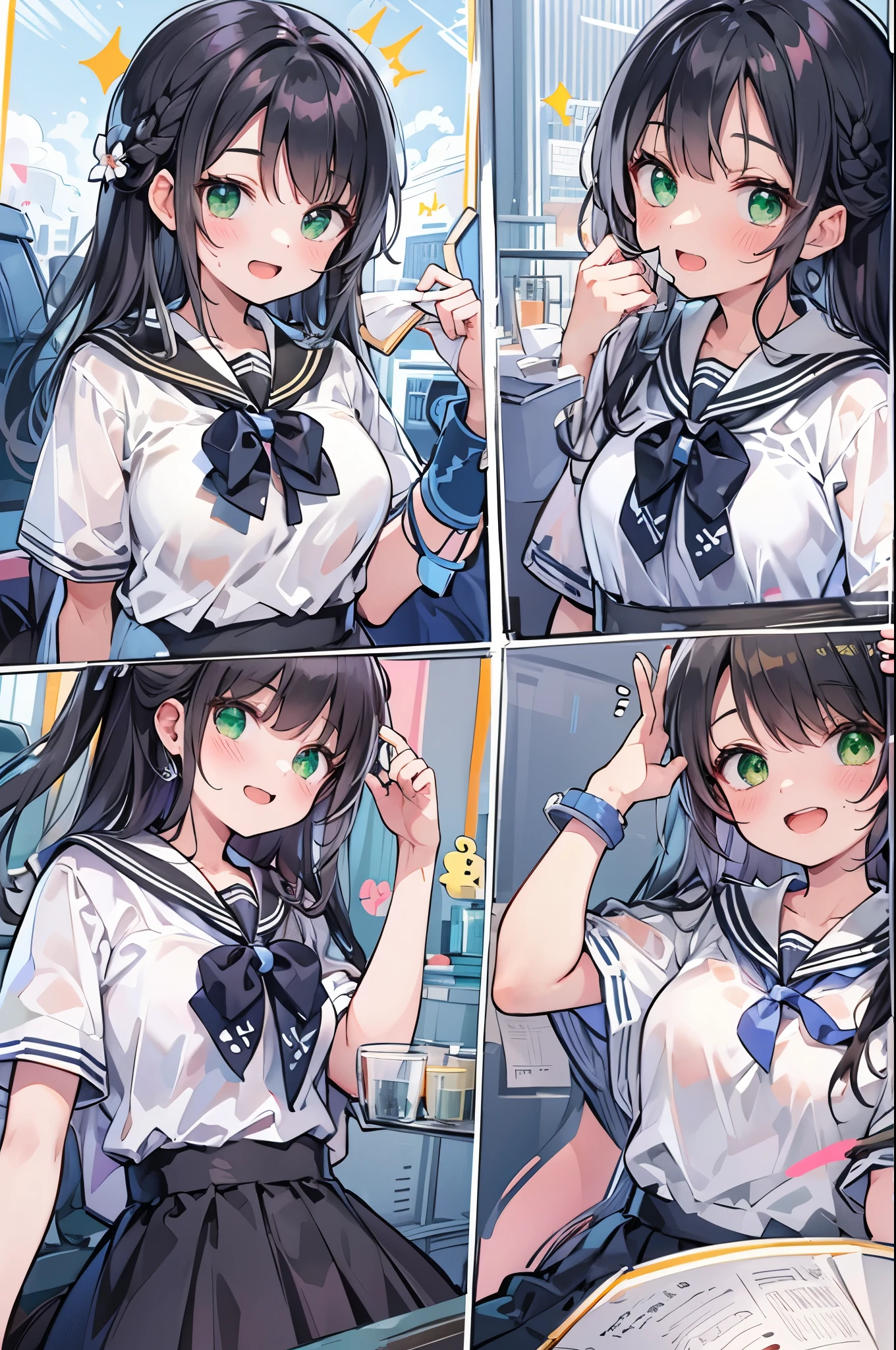 ((2-panel cartoon)),((Highest quality, 8k, masterpiece: 1.3)), whole body,1 personの,1 person,,Glamorous Body,cute,smile,Open your mouth,Black Hair,Beautiful emerald green eyes,long hair,Stand in front,Sailor suit,White short sleeve blouse,tie,Black pleated mini skirt,loafers,Cute gestures,