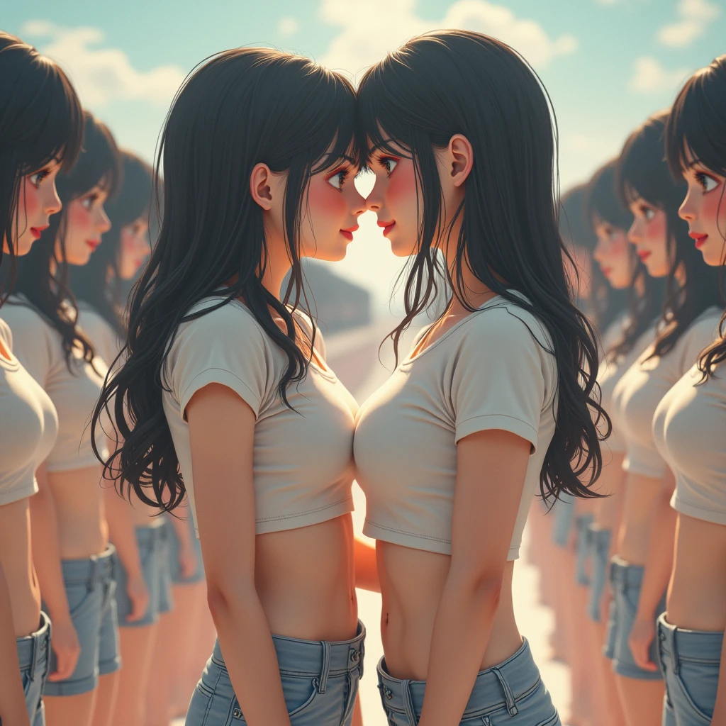 (Japanese Clone-girls=Myself), (Super Best masterpiece Clone-girls Raw Photography Art), (16K, Highest quality, Ultra-high resolution, RAW Photos), (It's so unrealistic., With unparalleled depiction, With an unfathomable sight, An unprecedented and shocking worldview, Clone-girls: In a world of mass reproduction, Ultra-realistic), (Japanese Girls, Sasaki Nozomi, 26yo, Small face, Thick black hair, long hair, Dark Eyes, Mature face, Cute Smile, Smiling face, A gentle gaze, Very pleasant look), (Very beautiful detailed girls, Accurate body structure, Accurate body movements, Very detailed body, (Super big breasts, Large bulge of ample breasts)), (Summer casual clothes, Short sleeve, mini skirt, hour々I can see your pants, Cleavage Emphasis, Emphasise the fullness of your breasts), (Very detailed, Myself cloning, Depiction of splitting oneself, 1Myself girl→1,000,000,000,000,000,000,000,000,000,000Myself cloning girls), (Very detailed and intricate, Myself clone-girlsから, Myself's body is multiplying, A perfectly matched depiction, (In the same female body,With the same face, With the same hairstyle, In the same clothes, At the same height, 同じSuper big breastsである)), (1,000,000,000,000,000,000,000,000,000,The number has increased to over 10,000.), (Myself girls only), (1,000,000,000,000,000,000,000,000,000,000,000,000,000,000,000,000,000,000,000,000,000,000Myself girls), (Very detailed描写で, Physical contact), (Very detailed depiction, Clear and accurate perspective depiction, Ultra-wide field of view, Focus on the average value of the image, Illuminated from the front by a soft, bright light), hug, kiss, Chest to Chest, Happy laughter