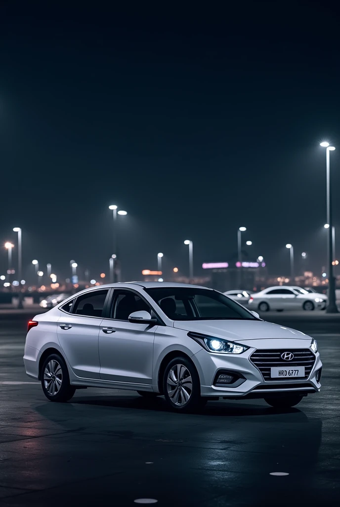 White Hyundai xcent vtvt car with number plate HR 39 D 6727 at airport in night