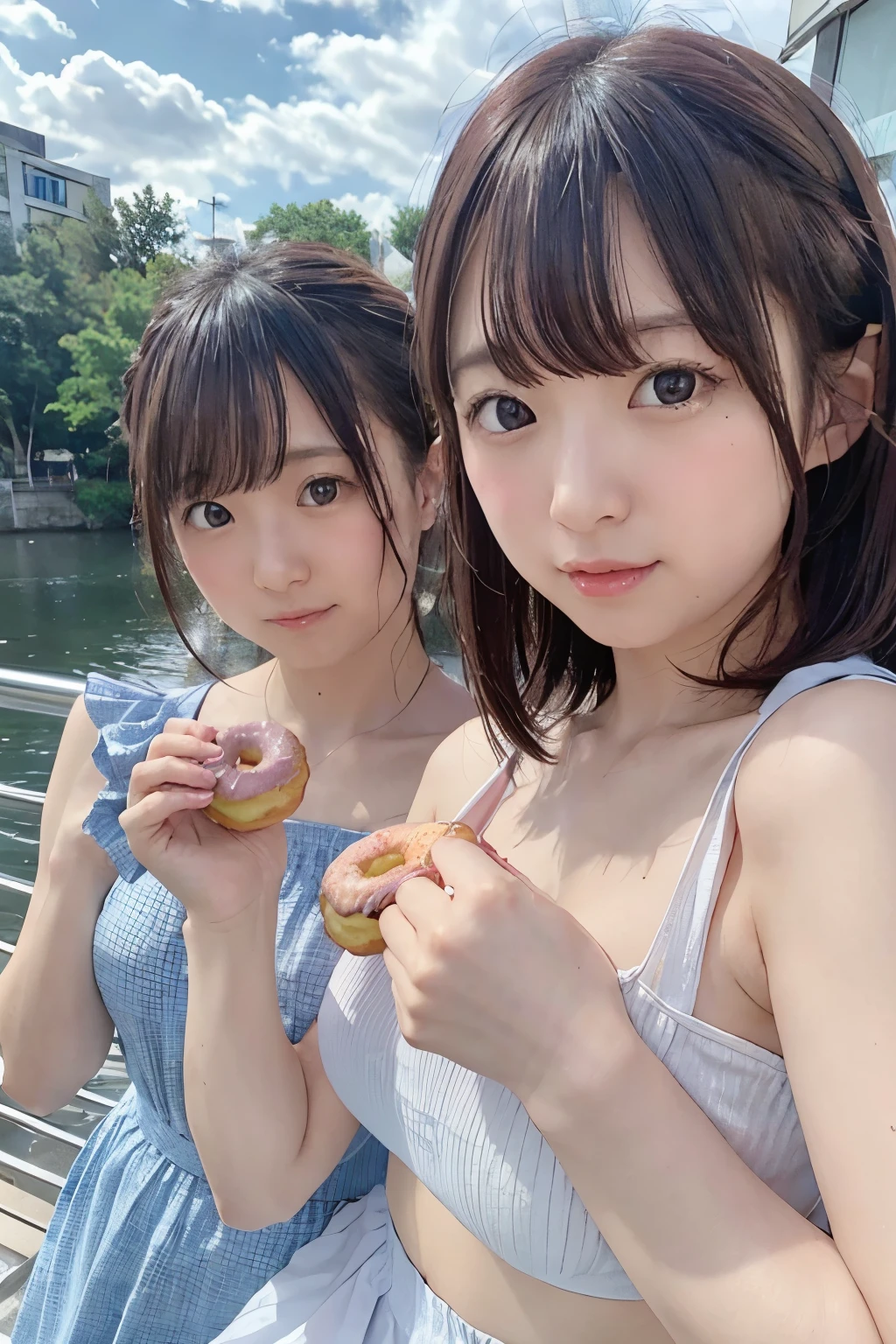 8K, RAW Photo, Best Quality, Masterpiece, Realistic, PhotoRealistic, Extremely Detailed 8k Wallpaper, Beautifully Detailed Eyes, Finely Detailed Face, 
 BREAK 
Professional Lighting, 
 BREAK 
((3 Girls are Eating Donuts:1.2, s-bridge + s-river + bluesky + cloud:1.2)), 
 BREAK 
Perfectly Anatomically Correct:1.0, Beautiful Thin Fingers:1.0, 
 BREAK 
3 Girls, Symmetrical Clear Eyes:1.0, 
All Members are Japanese Kawaii Teens, 
Wearing Random SHIMAMURA Summer Clothes, 
Random Short Hairs:1.0, 
 BREAK 
SFW:1.0, 
 BREAK 
Wide Shot:1.0, Distant View:1.0