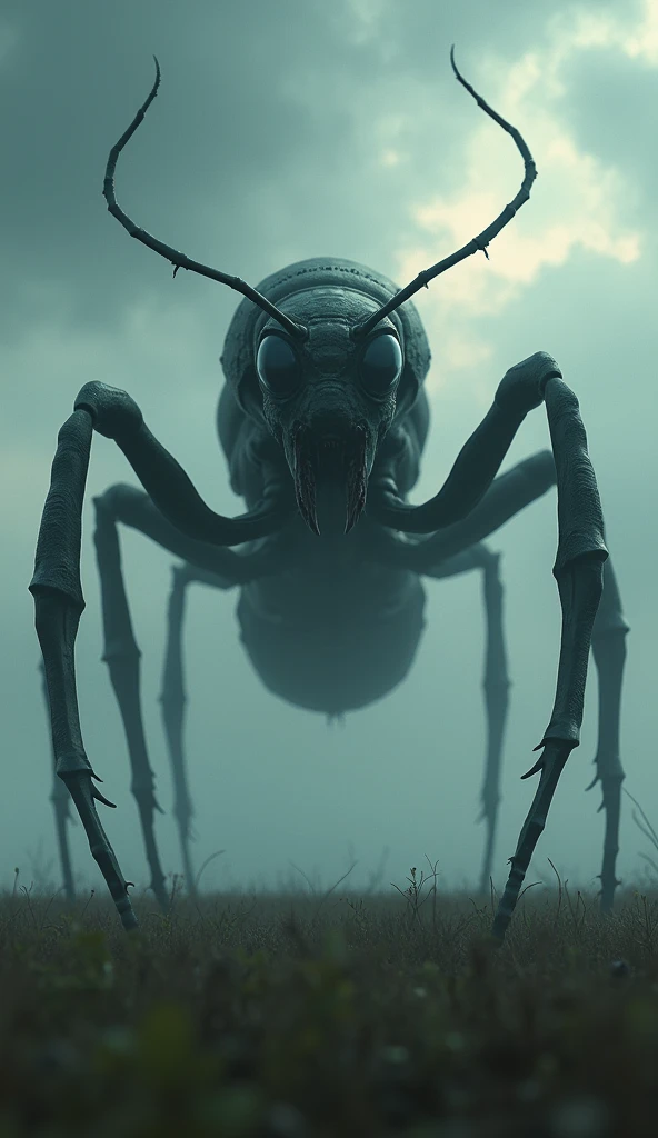 Gigantic ant across a plain in the distance amid fog, haze, haze, dark clouds, grimdark ,supense, monstr, unearthly, octan render, engine unreal, photorrealistic, hyper realism, highy detailed, high qualiy, intrincately detailed,Volumetric lighting, full character, 4K, ,hard disk ,Full HD, 8k, RTX, high resolution, detailed shadows, incredibily detailed, perfect, Dramatic scale