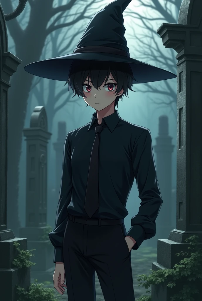 Anime boy with witch hat and costume with black shirt and tie and black pants in a cemetery