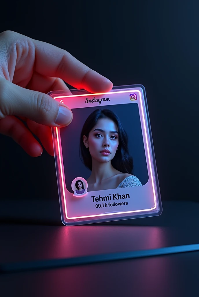 Prompt: Create a Instagram profile on glass id card on a Black desk displaying Instagram logo and realistic profile photo of a girl in circle and " tehmi khan " is written in bold fonts under the profile photo and 00.1k Followers written, the card is glowing in pink and blue color on the edge, One corner is held with two fingers....less
INFO
