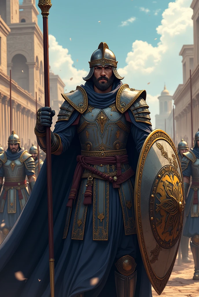 Greek king, ((anime styling)) ,with iron armor, Greek armor, ((gray and black clothing)), holding a spear and a shield, shield with a claw symbol, leading army to protect the city. 