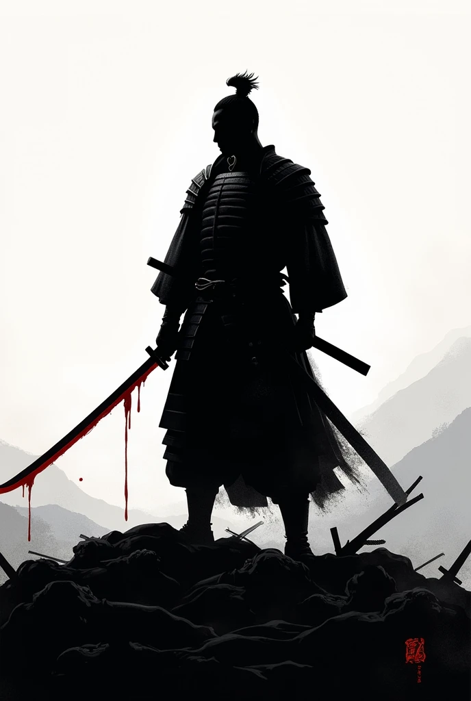 Silhouette d’un sauveur féodale japonais vainqueur d’une bataille et respecter sur une vue de cadavre