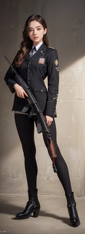 （(Aim with a shotgun rifle:1.5))、(Highest quality, masterpiece, Photorealistic, Super detailed, Ultra-high resolution, born:1.3), One woman、(so beautiful)、(Beautiful Face:1.5)、(Detailed face)、standing、(H-ig H-sc H-ool uniform)、black jacket、（(（He&#39;s naked under his suit and shirtless、No underwear on、Checkered mini skirt))）、Brown Hair、(Slightly heavy makeup)、(Building rooftop)、(Aim the rifle:1.5)、(Holding rifle)、（(Aim with a shotgun rifle:1.5))、