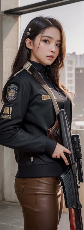 ((Aim with a shotgun rifle:1.5))、(Highest quality, masterpiece, Photorealistic, Super detailed, Ultra-high resolution, born:1.3), One woman、(so beautiful)、(Beautiful Face:1.5)、(Detailed face)、standing、(H-ig H-sc H-ool uniform)、black jacket、(((He's naked under his suit and shirtless、No underwear on、Checkered mini skirt)))、Brown Hair、(Slightly heavy makeup)、(Building rooftop)、(Aim the rifle:1.5)、(Holding rifle)、((Aim with a shotgun rifle:1.5))、