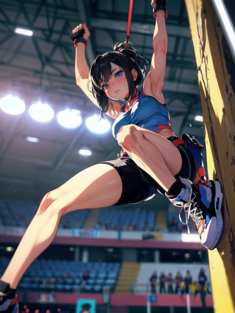 masterpiece, (textured skin), best quality, gorgeous beautiful girl, (a female sport climbing athlete), detailed clothes,large breasts,narrow waist,, (beautiful face), cinematic lighting, (at sport climbing venue ),