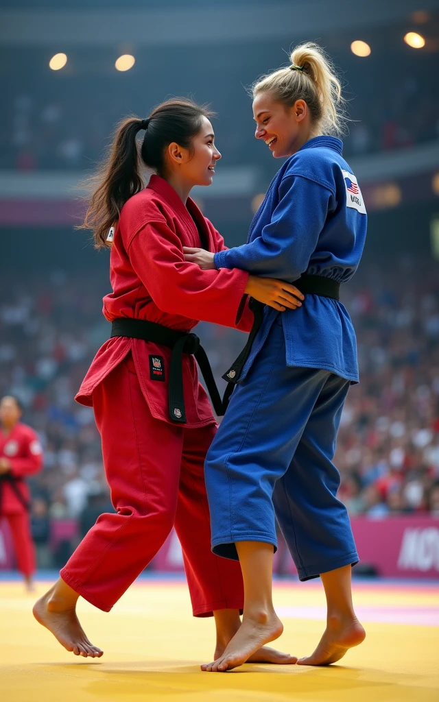 Ultra-high resolution，Women&#39;s judo at the Olympics，Two people competing on the same stage，A red judo uniform，A blue judo uniform，（ The one wearing the red judo uniform is an 1 Korean beauty，Super beautiful，Super fair skin）（The girl wearing the blue judo uniform is an American blonde） full-body shot，Panoramic vistas，Wide-angle lens，Olympic Judo，Olympic competition background，The Red Team and the Blue Team compete on the same stage，Fall，suppress，Exaggerated actions，Large amplitude of action，Intense stimulation，be booked up，The venue was full of audience，enthusiasm，