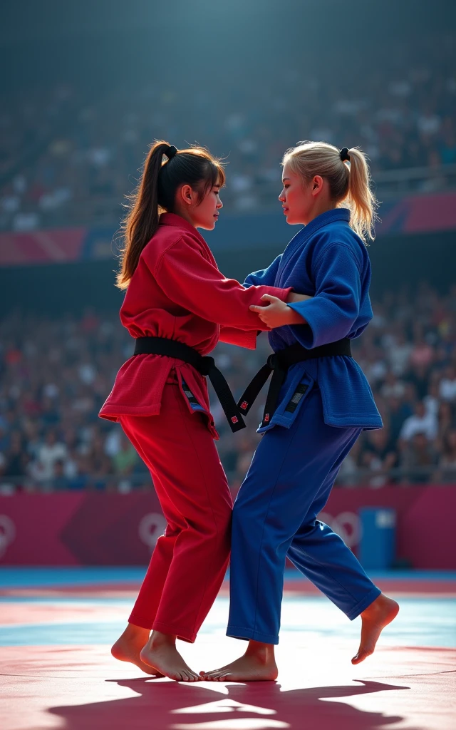 Ultra-high resolution，Women&#39;s judo at the Olympics，Two people competing on the same stage，A red judo uniform，A blue judo uniform，（ The one wearing the red judo uniform is an 1 Korean beauty，Super beautiful，Super fair skin）（The girl wearing the blue judo uniform is an American blonde） full-body shot，Panoramic vistas，Wide-angle lens，Olympic Judo，Olympic competition background，The Red Team and the Blue Team compete on the same stage，Fall，suppress，Exaggerated actions，Large amplitude of action，Intense stimulation，be booked up，The venue was full of audience，enthusiasm，