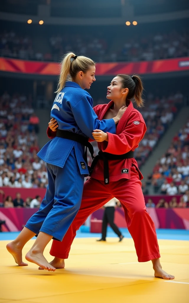 Ultra-high resolution,Women's judo at the Olympics,Two people competing on the same stage,A red judo uniform,A blue judo uniform,( The one wearing the red judo uniform is an 1 Korean beauty,Super beautiful,Super fair skin)(The girl wearing the blue judo uniform is an American blonde) full-body shot,Panoramic vistas,Wide-angle lens,Olympic Judo,Olympic competition background,The Red Team and the Blue Team compete on the same stage,Fall,suppress,Exaggerated actions,Large amplitude of action,Intense stimulation,be booked up,The venue was full of audience,enthusiasm,
