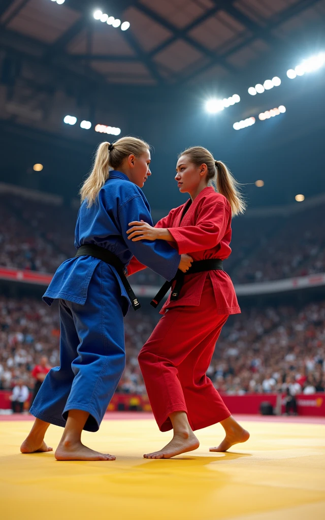 Ultra-high resolution,Women's judo at the Olympics,Two people competing on the same stage,A red judo uniform,A blue judo uniform,( The one wearing the red judo uniform is an 1 Korean beauty,Super beautiful,Super fair skin)(The girl wearing the blue judo uniform is an American blonde) full-body shot,Panoramic vistas,Wide-angle lens,Olympic Judo,Olympic competition background,The Red Team and the Blue Team compete on the same stage,Fall,suppress,Exaggerated actions,Large amplitude of action,Intense stimulation,be booked up,The venue was full of audience,enthusiasm,