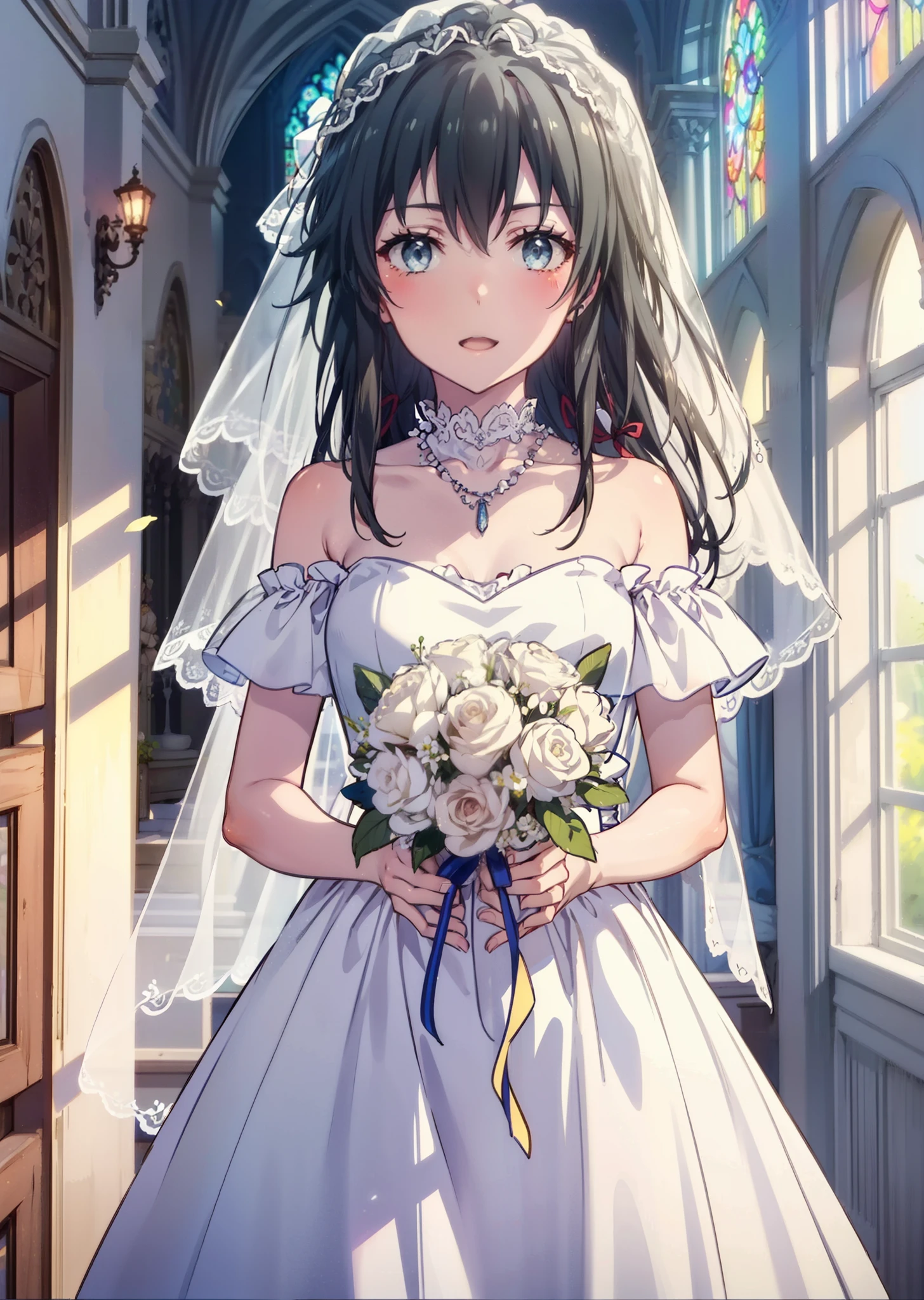 Yukino, yukino yukinoshita, Black Hair, blue eyes, Semi-long hair,Ahoge,smile,blush,Open your mouth,Off-the-shoulder white wedding dress,necklace,Expose your shoulders,bare clavicle,Bare neck,wedding long skirt,Veil,bouquet,Holding a bouquet in both hands,Stained glass,whole bodyがイラストに入る,　　　　　　　　　　　break indoors, Chapel,Association,
break looking at viewer, whole body,(Cowboy Shot:1.5),
break (masterpiece:1.2), Highest quality, High resolution, unity 8k wallpaper, (shape:0.8), (Beautiful attention to detail:1.6), Highly detailed face, Perfect lighting, Highly detailed CG, (Perfect hands, Perfect Anatomy),